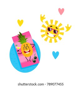 Vector flat summer symbols, fruit characters in sunglasses icon set. Pineapple sunbathing lying at inflatable mattress in pool, cool sun showing rock gesture, hearts. Isolated illustration