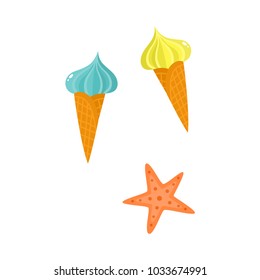 Vector flat summer symbols set. Starfish and waffle twisted icecream cones, delicious dessert icon. Vacation and travelling objects. Isolated illustration on a white background.
