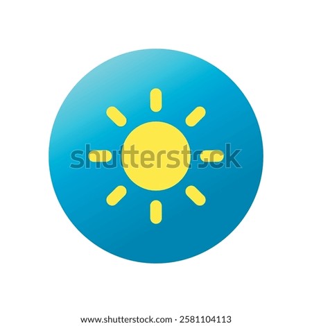 Vector Flat Sun Icon Design with Blue Gradient Circle on White Background. Hot Weather, Heat, Climate, High Temperature, Day, Light Solid Simple Sign Illustration.	