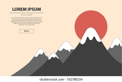 Vector flat sun over mountain. Success illustration. Business concept of goal, achievement, competition and triumph design.