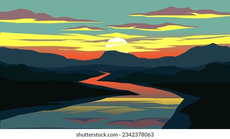Vector flat sunset landscape with mountains and river