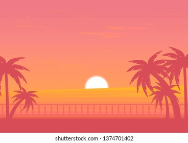 vector flat sunset seascape ilustration, ocean beach, palm trees and promenade