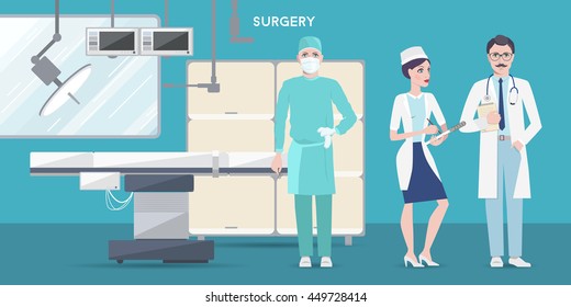 Vector flat surgery scene with doctor, nurse and surgeon standing at a surgical table, medical concept with characters