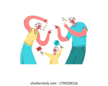 Vector flat swearing parents who accuse each other of something. Crying child tries to stop them, to stop quarrel. Concept conflicts in family, problems with children, relationships, psychology.