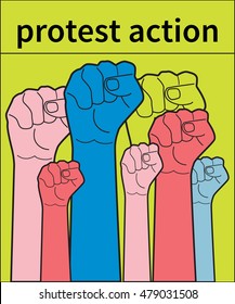 Vector flat symbol of protest. Hands clenched into fist and raised up. Concept of strikes and demonstrations. Protesting aggressive crowd. 