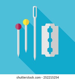 Vector flat tailor button icon on blue background with long shadow. Tailor sing. Eps10