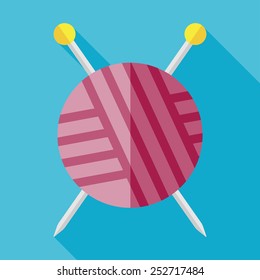 Vector flat tailor ravel ball of yarn for knitting icon on blue background with long shadow. Tailor sing. Eps10