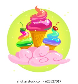 Vector flat tasty shiny ice cream illustration isolated on white background. Summer cartoon sweet candy illustration. Good for poster advertising, party flayer design, packaging paper pattern.