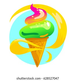 Vector flat tasty shiny ice cream with ribbon illustration isolated on white background. Summer cartoon sweet candy illustration. Good for poster advertising, party flayer design package paper pattern