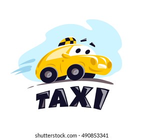 Vector flat taxi car illustration isolated on white background. Cartoon style. Funny cute driving car. Taxi service logo design template.