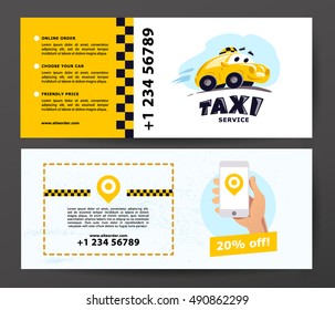 Vector flat taxi car illustration isolated on white background. Cartoon style. Funny cute driving car. Taxi service logo design template.