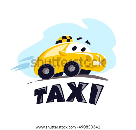 Vector flat taxi car illustration isolated on white background. Cartoon style. Funny cute driving car. Taxi service logo design template.
