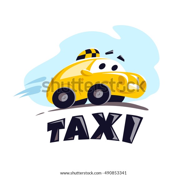 Vector flat taxi car illustration isolated on\
white background. Cartoon style. Funny cute driving car. Taxi\
service logo design\
template.