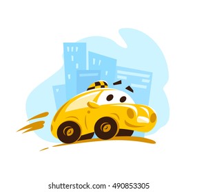 Vector flat taxi car riding across the city. Cartoon style illustration. Funny character. Taxi service logo. Good for advertising, business card, poster, placard.