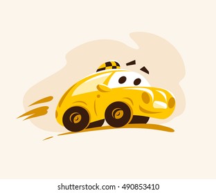 Vector flat taxi car riding across the city. Cartoon style illustration. Funny character. Taxi service logo. Good for advertising, business card, poster, placard.