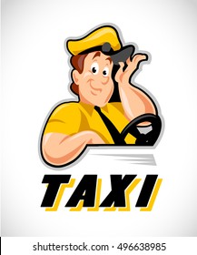 Conductor de taxi plano vectorial en uniforme y esa ilustración aislado en fondo blanco. Estilo de caricatura. Gracioso personaje sonriente. Plantilla de diseño del logotipo del servicio de taxi.