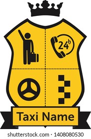 Vector flat taxi logo emblem with icons isolated on white background. Car face icon silhouette. Auto logo template. Taxi service brand design.