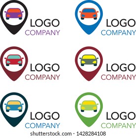 Vector flat taxi logo isolated on white background. Car face icon silhouette. Auto logo template. Taxi service brand design. Geo location sign logo. Vector map pointer, map pin icon. 