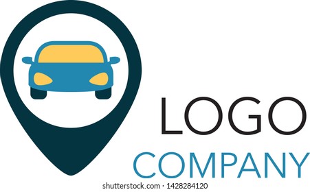 Vector flat taxi logo isolated on white background. Car face icon silhouette. Auto logo template. Taxi service brand design. Geo location sign logo. Vector map pointer, map pin icon. 