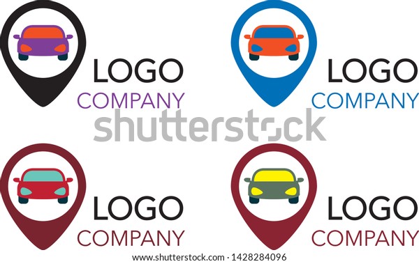 Vector flat taxi logo isolated on white background. Car\
face icon silhouette. Auto logo template. Taxi service brand\
design. Geo location sign logo. Vector map pointer, map pin icon.\
