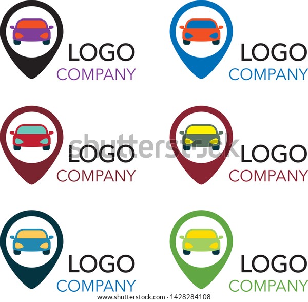 Vector flat taxi logo isolated on white background. Car\
face icon silhouette. Auto logo template. Taxi service brand\
design. Geo location sign logo. Vector map pointer, map pin icon.\
