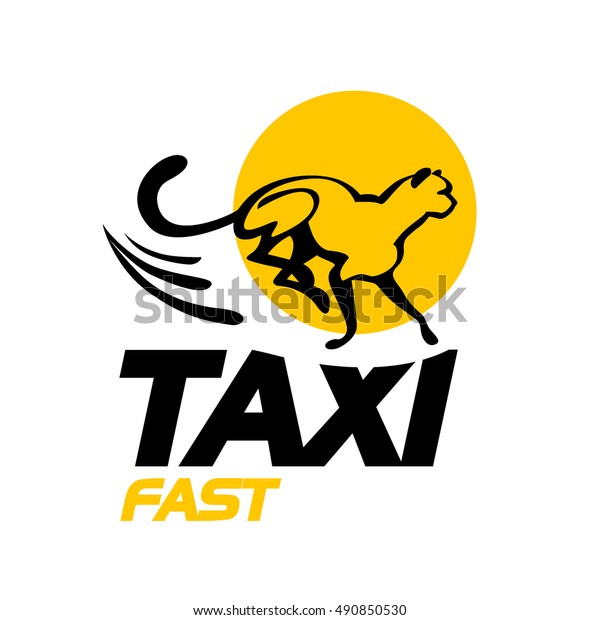 Vector flat taxi logo isolated on white\
background. Cheetah running silhouette. Auto logo template. Taxi\
service brand design.