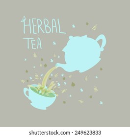 Vector flat teapot, cup and herbal tea