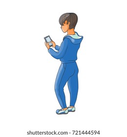 vector flat teen boy in sport suit surfing the net, playing games, watching videos using smartphone. Isolated illustration on a white background. Teenagers and modern digital visual technology concept