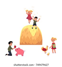 vector flat teen children at countryside scenes set. Boy feeding pig, girl feeding chickens and rooster, kids playing at big haystack. Isolated illustration on a white background.