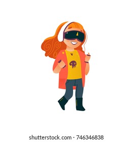 vector flat teen girl in casual dress using virtual or augmented reality simulating glasses. Isolated illustration on a white background. Teenagers and modern digital visual technology concept