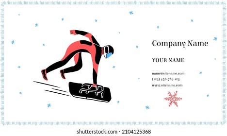 Vector flat template, business card layout in the concept of winter sports. A skeleton athlete with sled is depicted. There is an empty space for personal data.