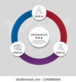 Vector flat template circle infographics. Business concept with 3 circles. Three steps for content, flowchart, timeline, levels, marketing, presentation, graph, diagrams, slideshow