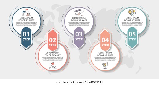 Vector flat template circle infographics. Business concept with 5 options and arrows. Five steps for content, flowchart, timeline
