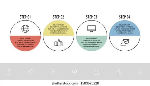 Vector flat template circle infographics. Business concept with 4 options and parts. Four steps for content, flowchart, timeline, levels, marketing