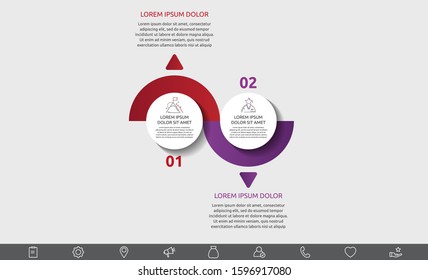 Vector flat template circle infographics. Business concept with 2 options and arrows. Two steps for content, flowchart, timeline, marketing, presentation, graph, diagrams