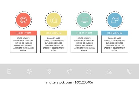 Vector flat template circle infographics. Business concept with 4 options and labels. Four steps for content, flowchart, timeline, levels