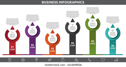 Vector flat template circle infographics. Business concept with 6 options and arrows. Six steps for content, flowchart, timeline, levels, marketing, presentation, graph, diagrams, slideshow