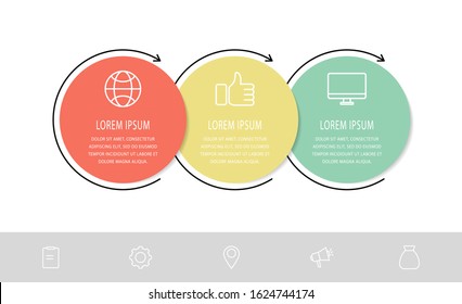 Vector flat template circle infographics. Business concept with 3 options and arrows. Three steps for flowchart, timeline, levels, marketing, graph, diagrams