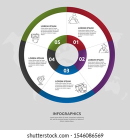 Vector flat template circle and sector infographics. Business concept with 5 sectors. Five steps for content, flowchart, timeline, levels, marketing, presentation, graph, diagrams, slideshow