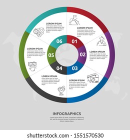 Vector flat template circle and sector infographics. Business concept with 6 sectors. Six steps for content, flowchart, timeline, levels, marketing, presentation, graph, diagrams, slideshow