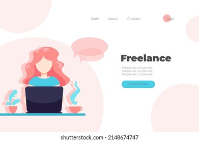 Vector flat template for landing page with girl working on the laptop at home with coffee and plant with pink and blue light colors