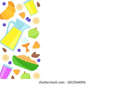 Vector flat template with muesli, glass of juice, croissant, apple, egg, berries, almond on white background. Vector banner with copy space for web or mobile app, nutrition information.