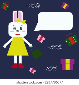 Vector flat template for text, announcement, promotion, discount with cartoon cute bunny (rabbit) and gifts
