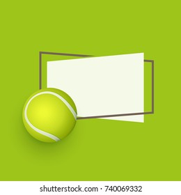 vector flat tennis ball, sport equipment object with paper banner in frame with free space for your text. Graphic advertisement, poster or placard design element. illustration on green background