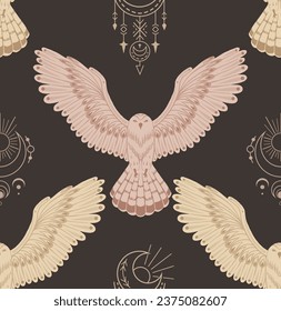 Vector flat texture owls with spread wings and boho totem on dark background. Decorative seamless pattern with flying birds and sacral symbols. Mystic background for wallpaper, fabric