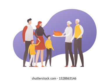 Vector flat thanksgiving day square people illustration banner. Big family person with grandparents, childs and turkey. Design for colorful season holiday poster, greeting card, shirt print.