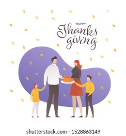 Vector flat thanksgiving day square people illustration banner. Text with family person and turkey on leaves falling background. Design for colorful season holiday poster, greeting card, shirt print.