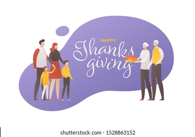 Vector flat thanksgiving day square people illustration banner. Text with big family person with grandparents and turkey. Design for colorful season holiday poster, greeting card, shirt print.