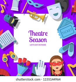 Vector flat theatre icons background with place for text illustration. Banner theater show, mask drama and music performance