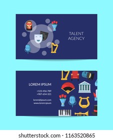 Vector flat theatre icons business card template for talent agency or actor classes illustration